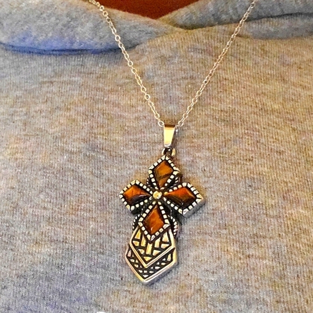 African Tiger's Eye Cross Pendant Necklace Stainless Steel